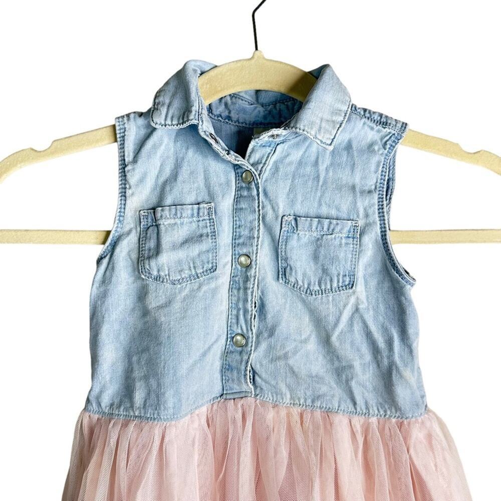 Oshkosh Denim & Tulle Mini Dress Sleeveless Cotton Chambray Pink Size 3T - Picture 2 of 9